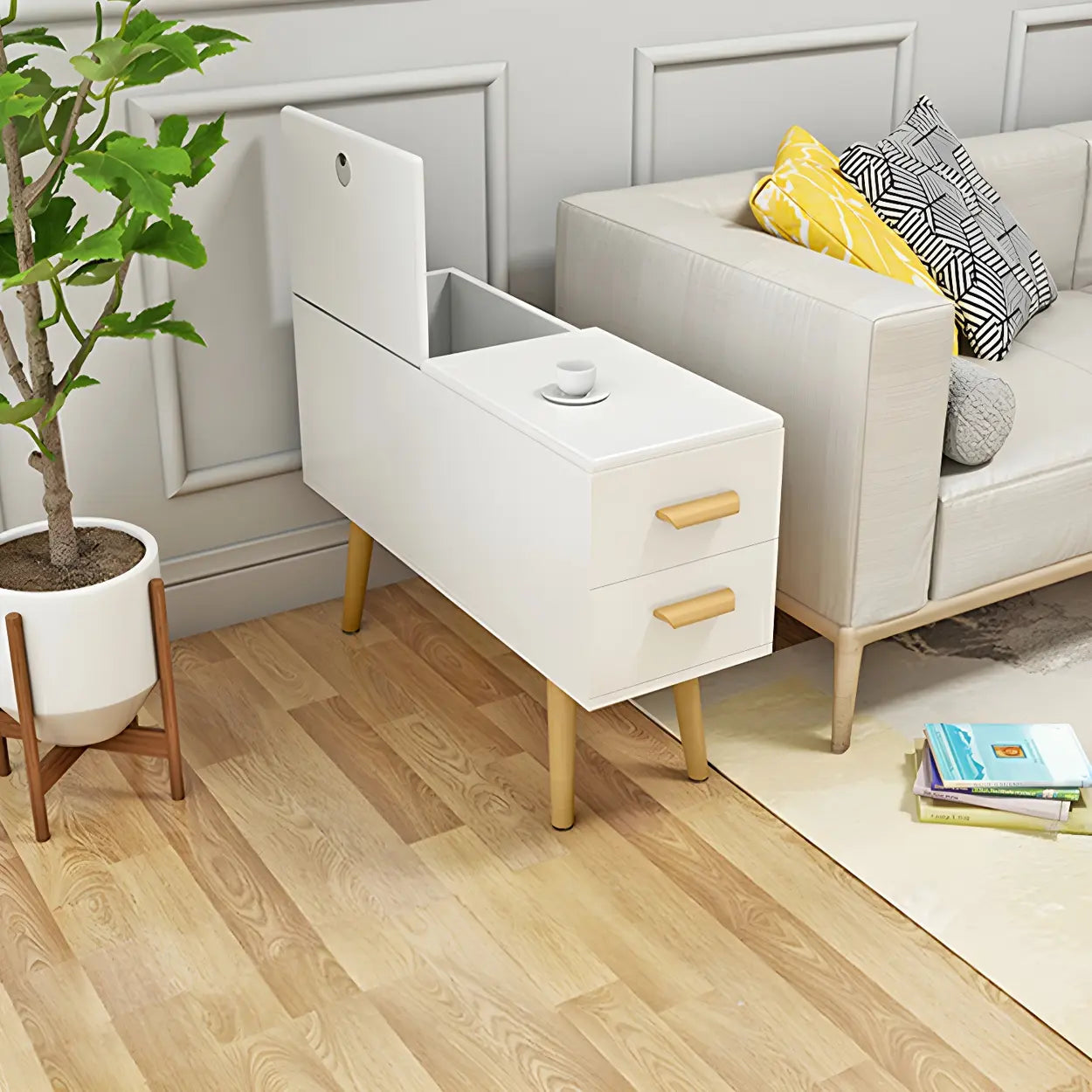 White Rectangular Wood Side Table with Drawers — Natural Wood/ White / 2