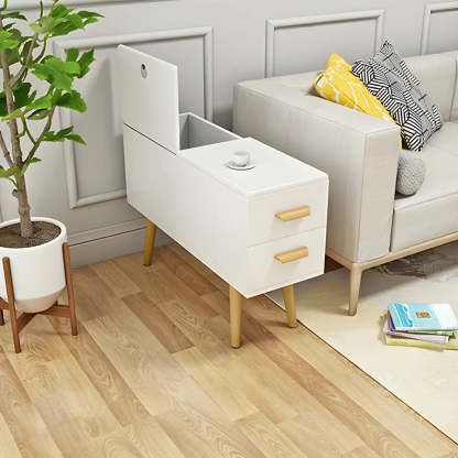White Rectangular Wood Side Table with Drawers — Natural Wood/ White / 2