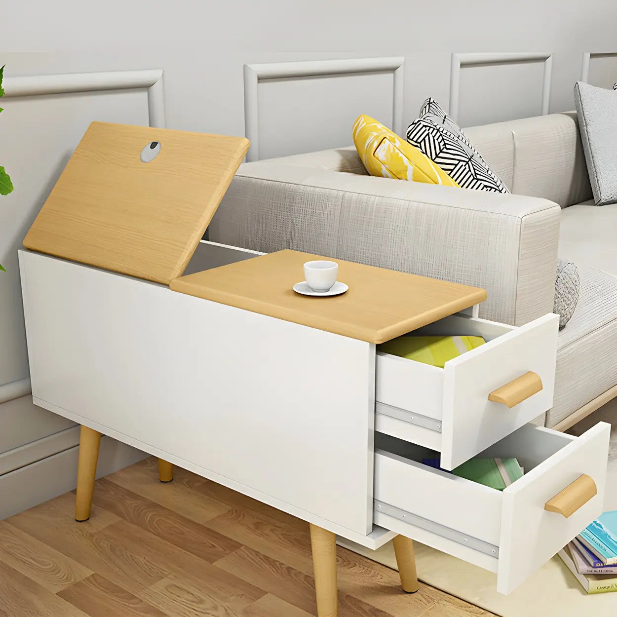 White Rectangular Wood Side Table with Drawers — Dark Walnut / 1