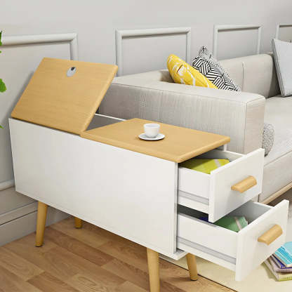 White Rectangular Wood Side Table with Drawers — Dark Walnut / 1