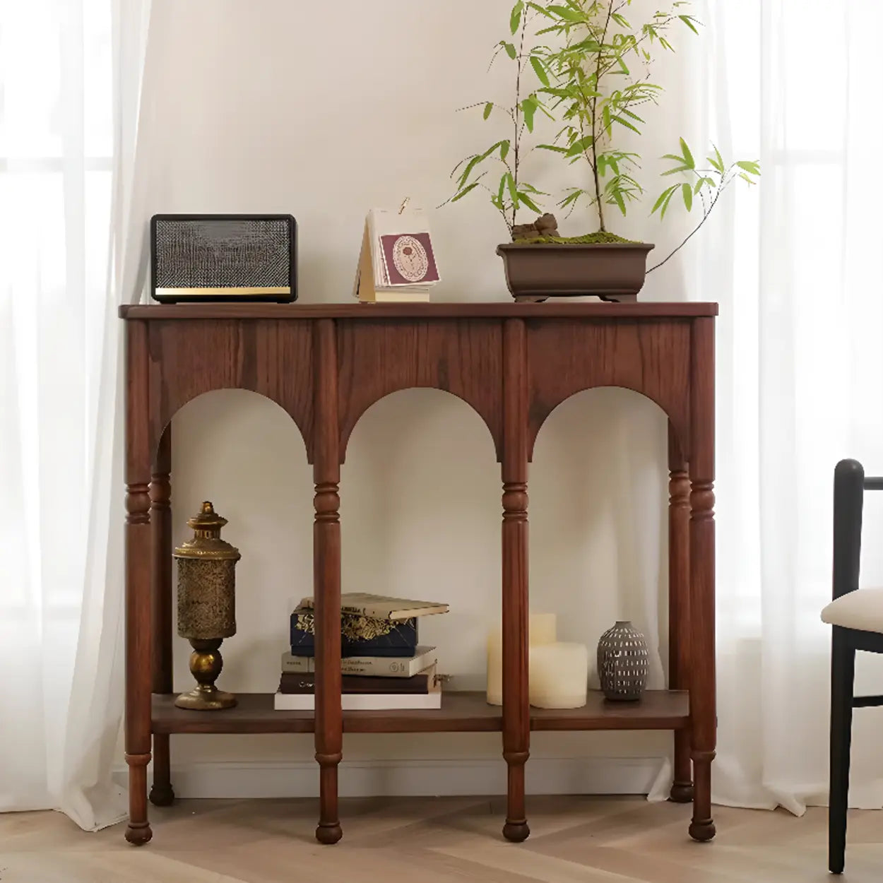 Brown Wood Rectangular Console Table with Shelves