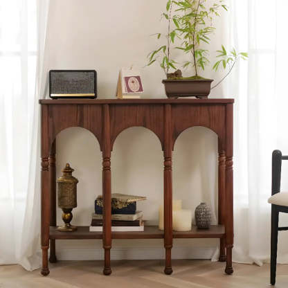 Brown Wood Rectangular Console Table with Shelves — Black