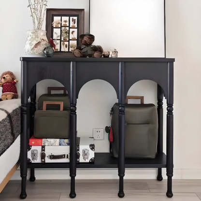 Brown Wood Rectangular Console Table with Shelves — Brown