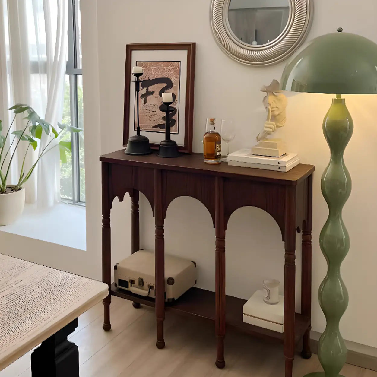 Brown Wood Rectangular Console Table with Shelves
