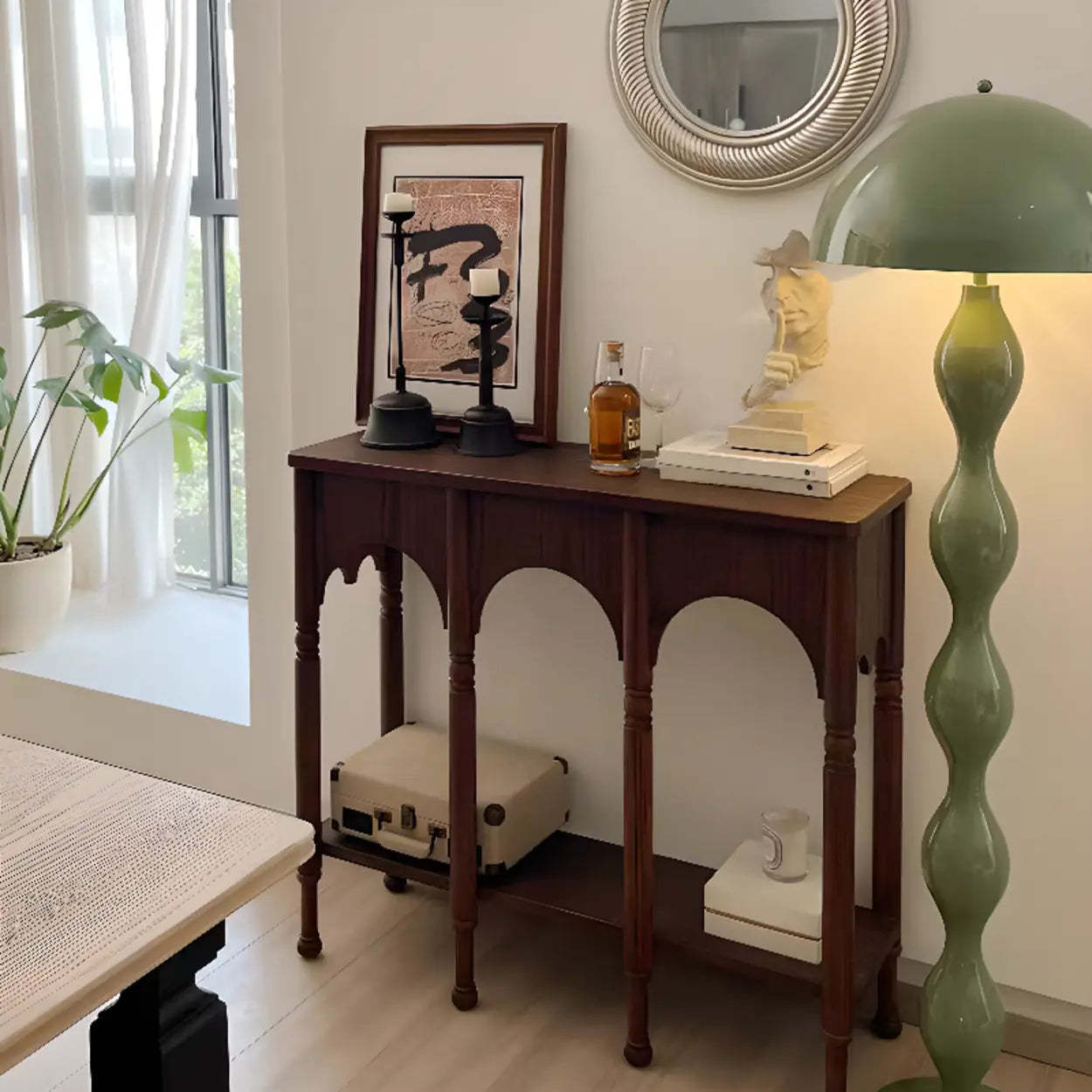 Brown Wood Rectangular Console Table with Shelves