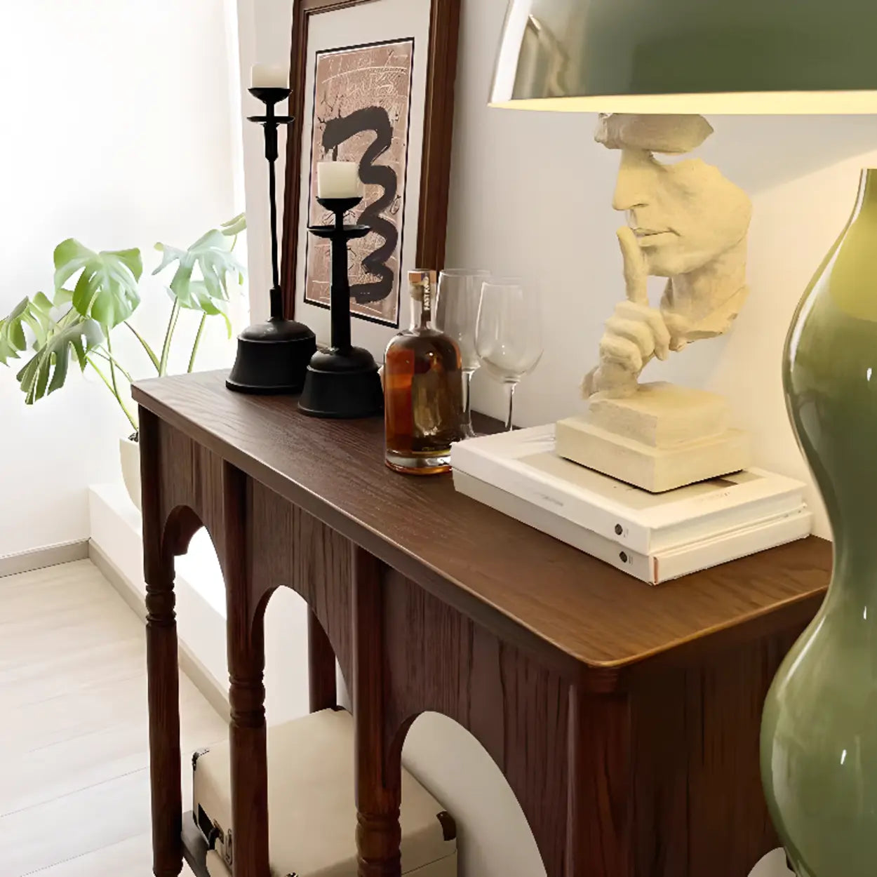 Brown Wood Rectangular Console Table with Shelves