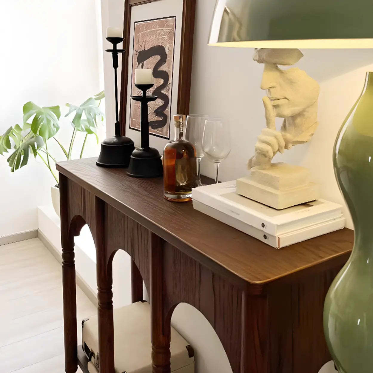 Brown Wood Rectangular Console Table with Shelves