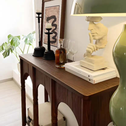Brown Wood Rectangular Console Table with Shelves