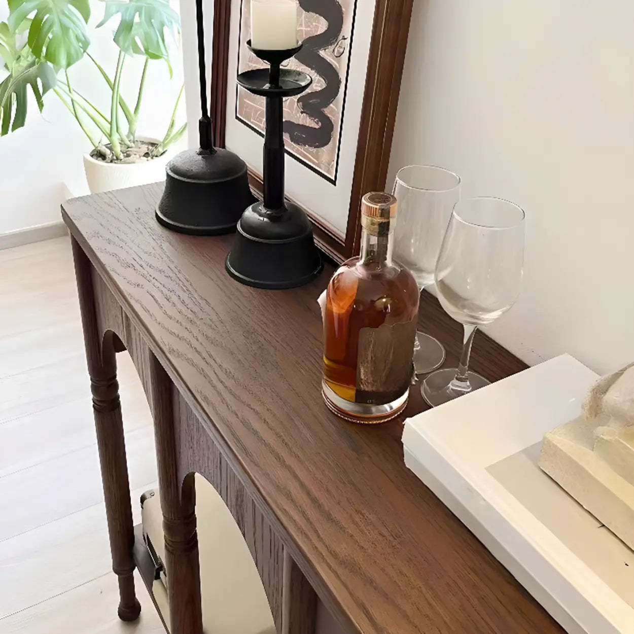 Brown Wood Rectangular Console Table with Shelves