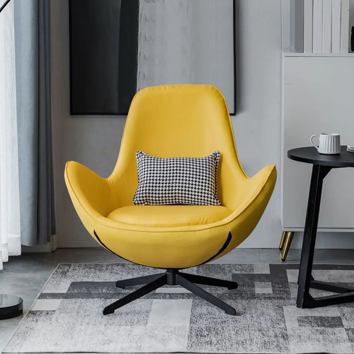 Red Brown Leather Flared-Arm Stick-Base Accent Chair — Gray-Yellow / Microfiber Leather