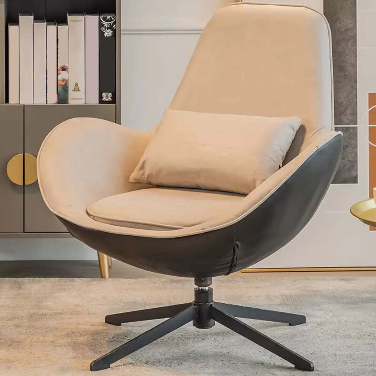 Red Brown Leather Flared-Arm Stick-Base Accent Chair — Green-White / Microfiber Leather