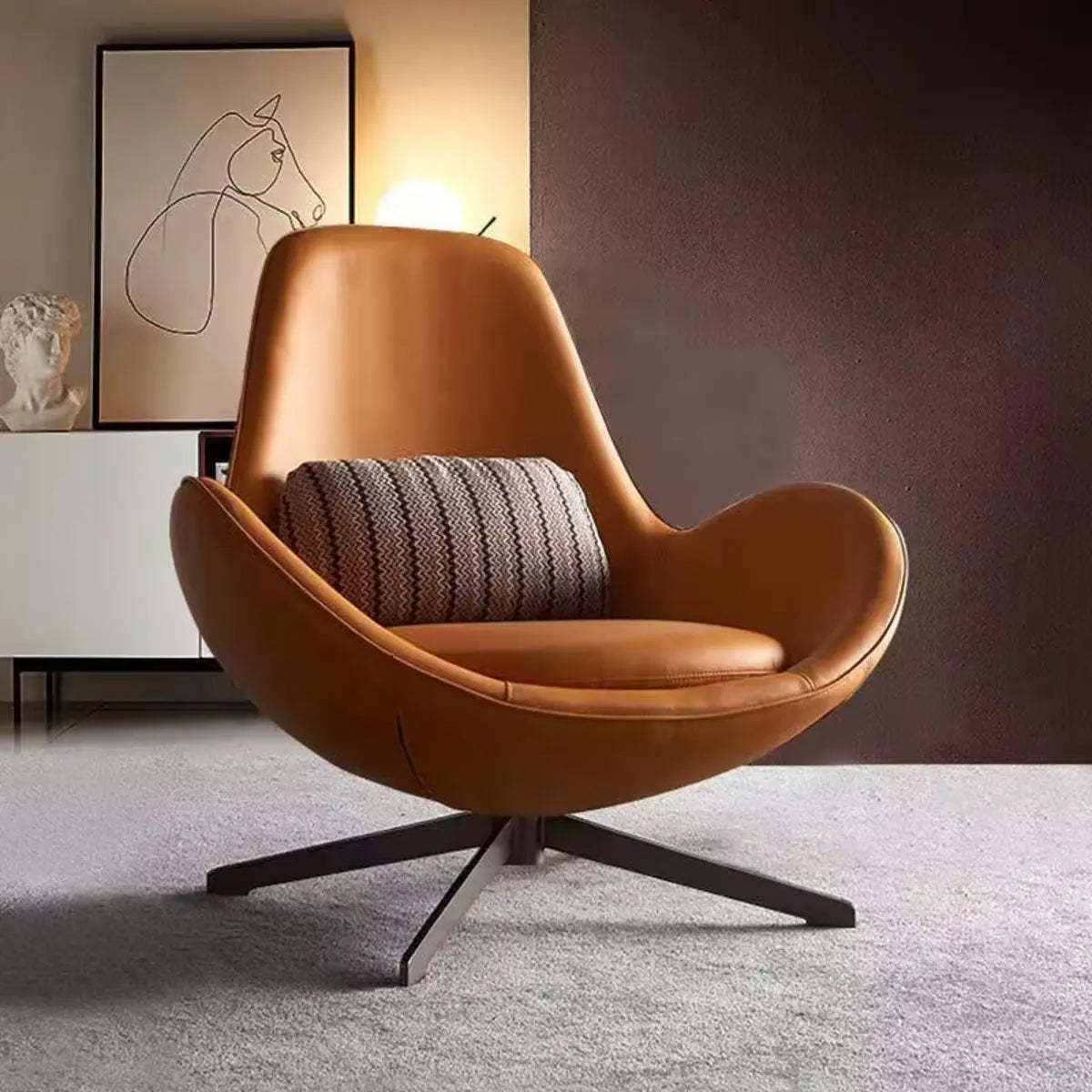 Red Brown Leather Flared-Arm Stick-Base Accent Chair — Black / Anti Cat Scratch Leather