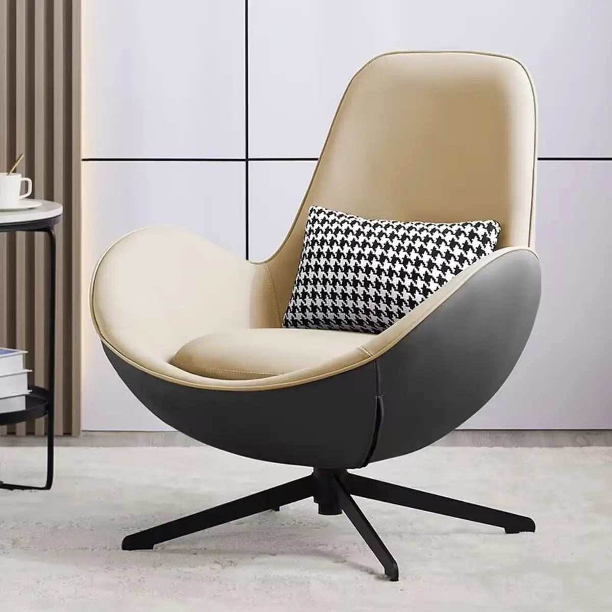 Red Brown Leather Flared-Arm Stick-Base Accent Chair — Grey / Microfiber Leather