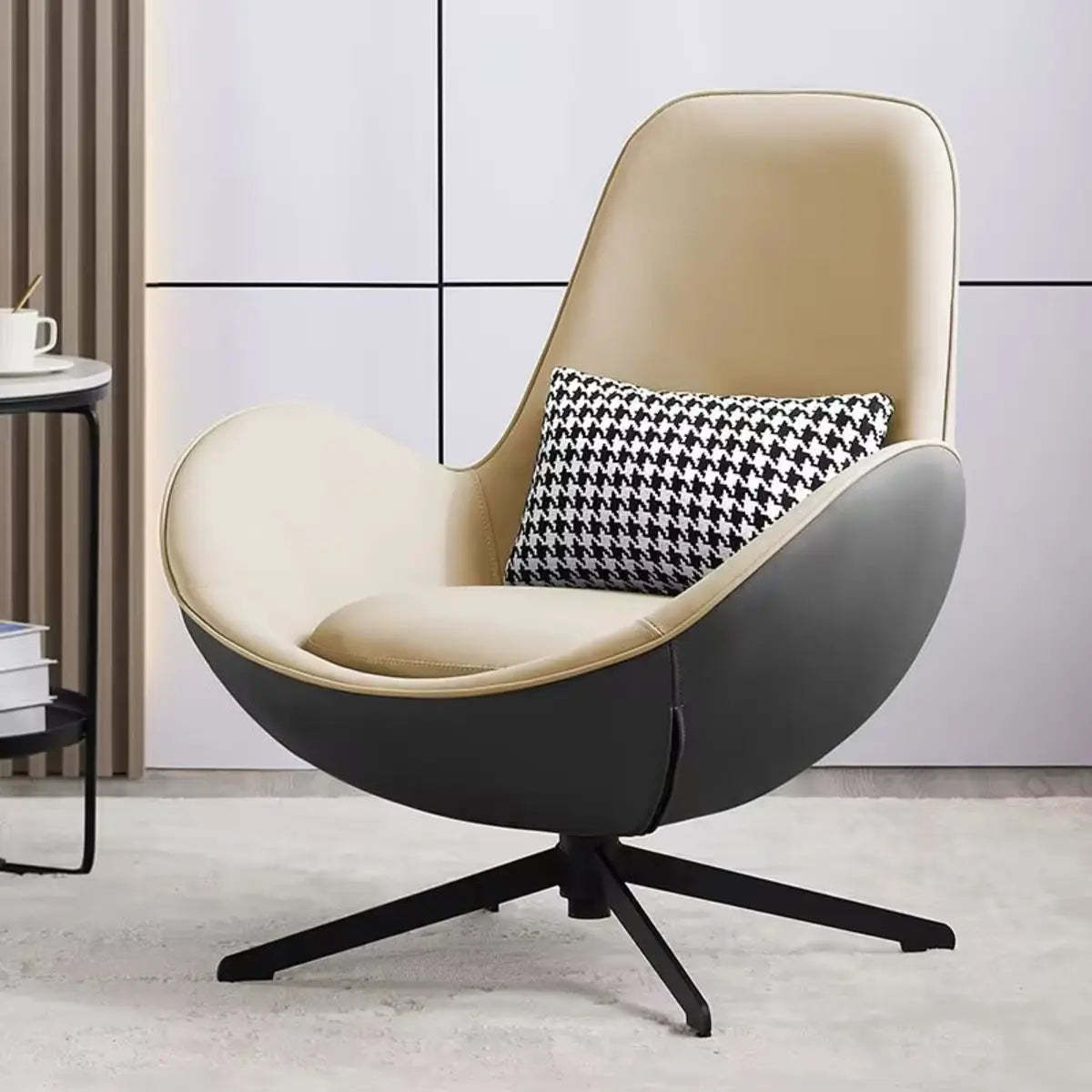 Red Brown Leather Flared-Arm Stick-Base Accent Chair — Grey / Microfiber Leather