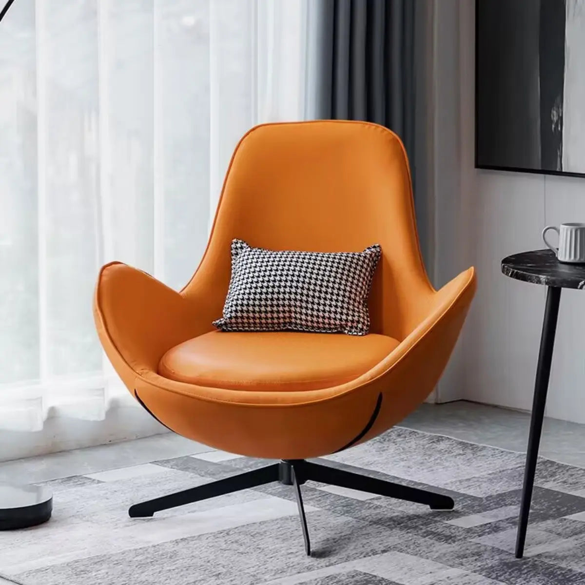 Red Brown Leather Flared-Arm Stick-Base Accent Chair — Grey/ Orange / Anti Cat Scratch Leather