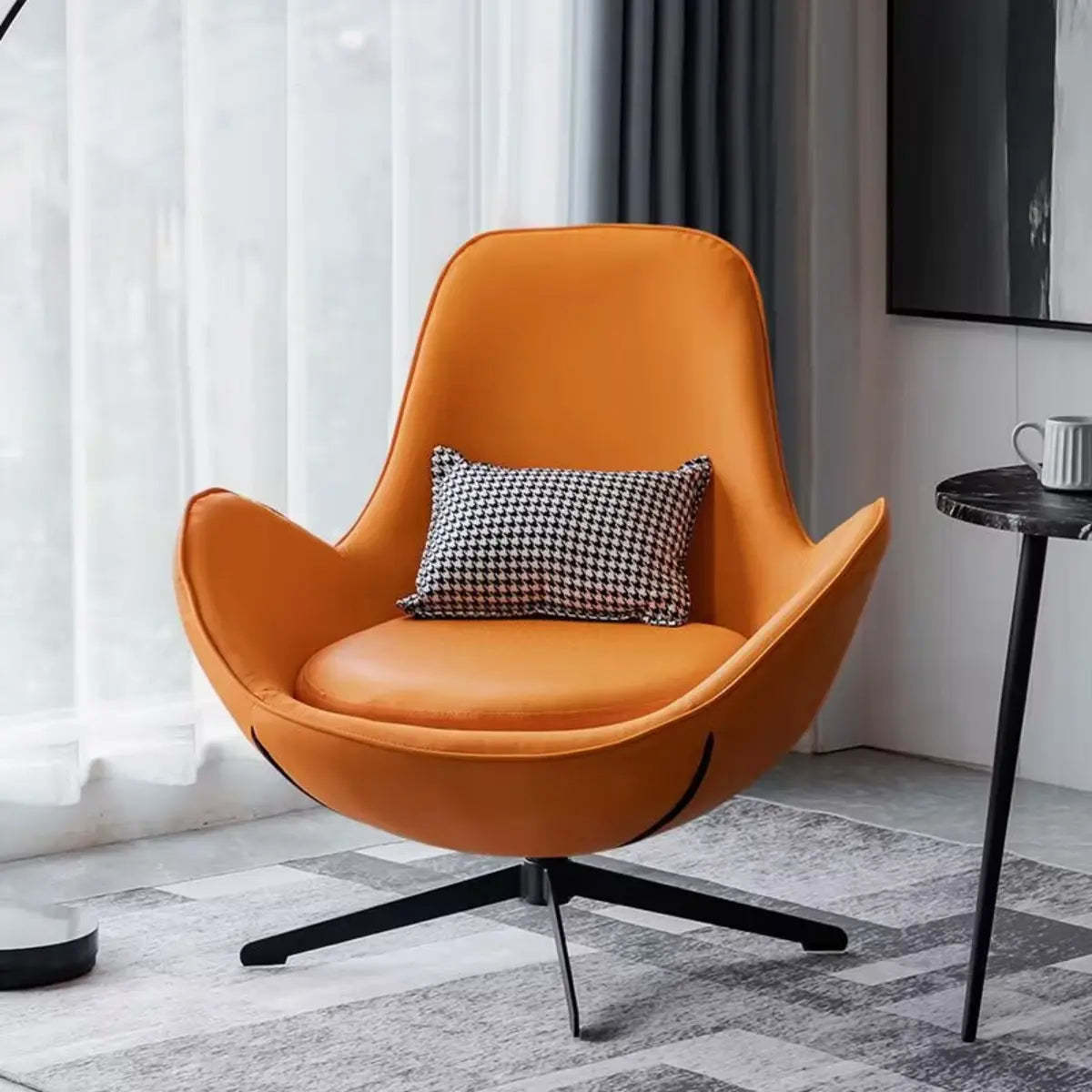 Red Brown Leather Flared-Arm Stick-Base Accent Chair — Grey/ Orange / Anti Cat Scratch Leather