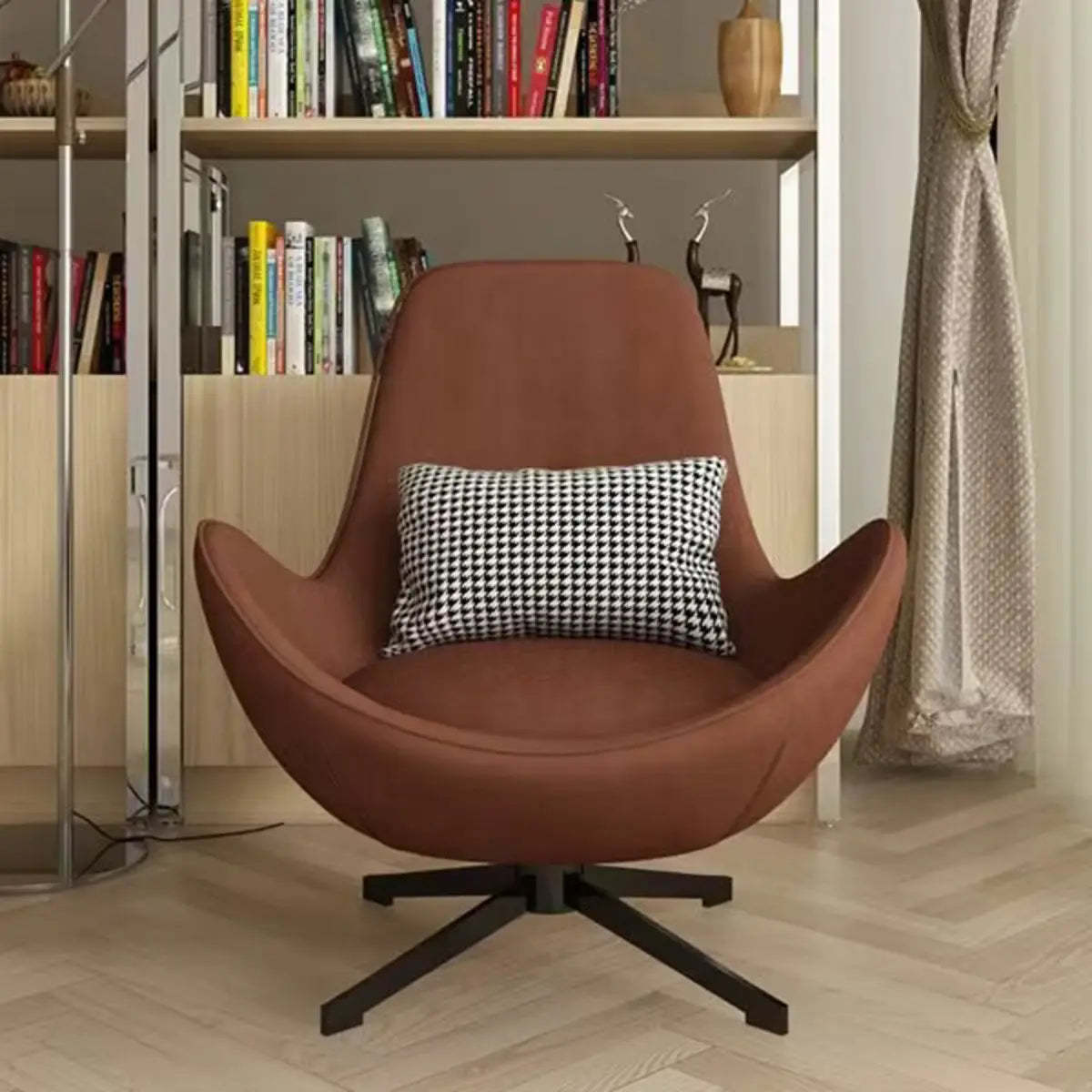 Red Brown Leather Flared-Arm Stick-Base Accent Chair — Light Gray/ Orange / Microfiber Leather