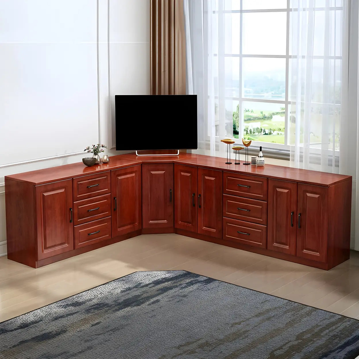 Red Brown Wood Corner TV Stand with Drawers — Red Brown