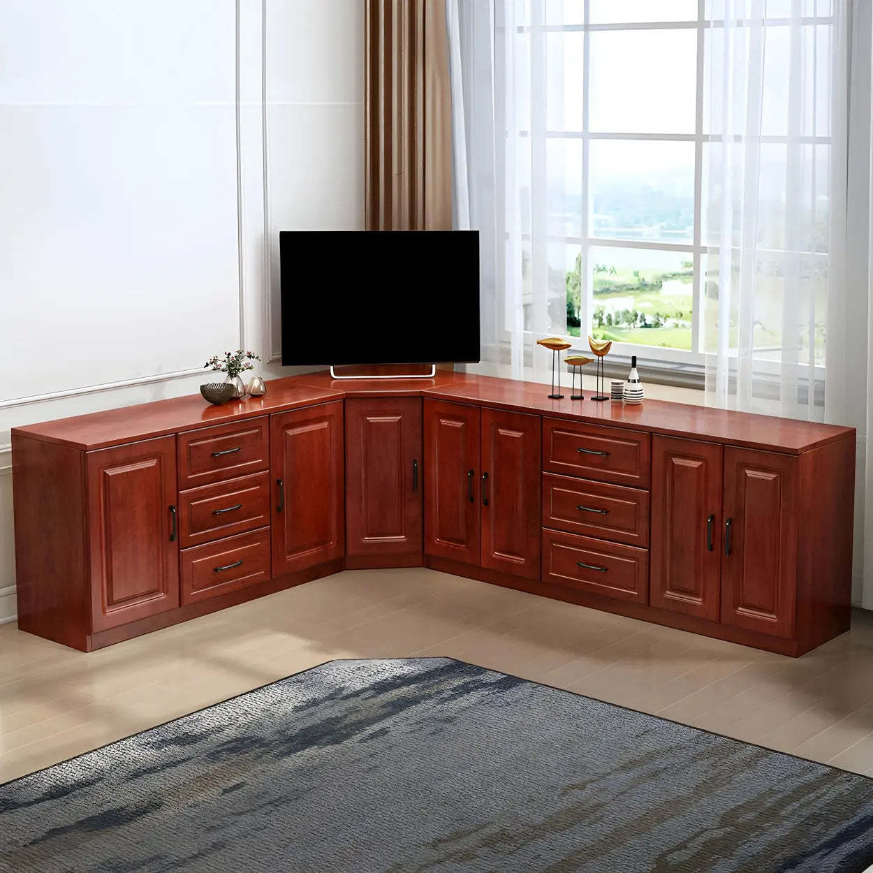 Red Brown Wood Corner TV Stand with Drawers — Red Brown