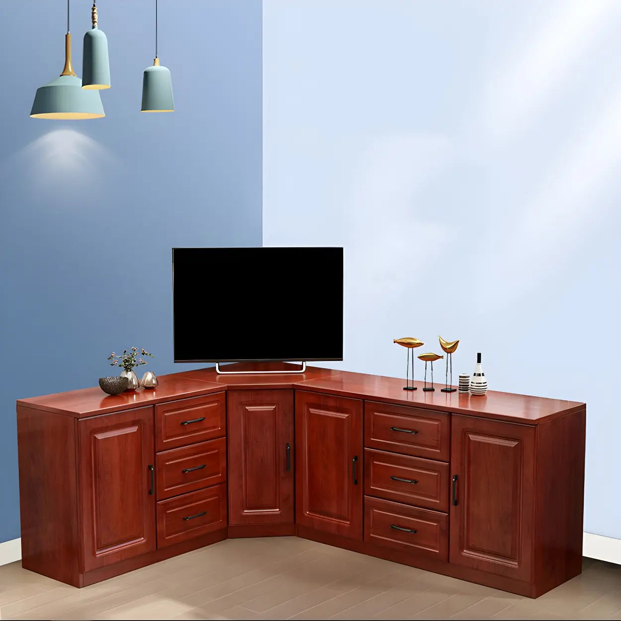 Red Brown Wood Corner TV Stand with Drawers — Red Brown