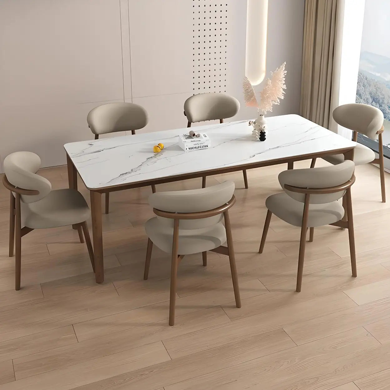 Modern faux curved-back dining chairs & benches in leather — Natural Wood / Beige