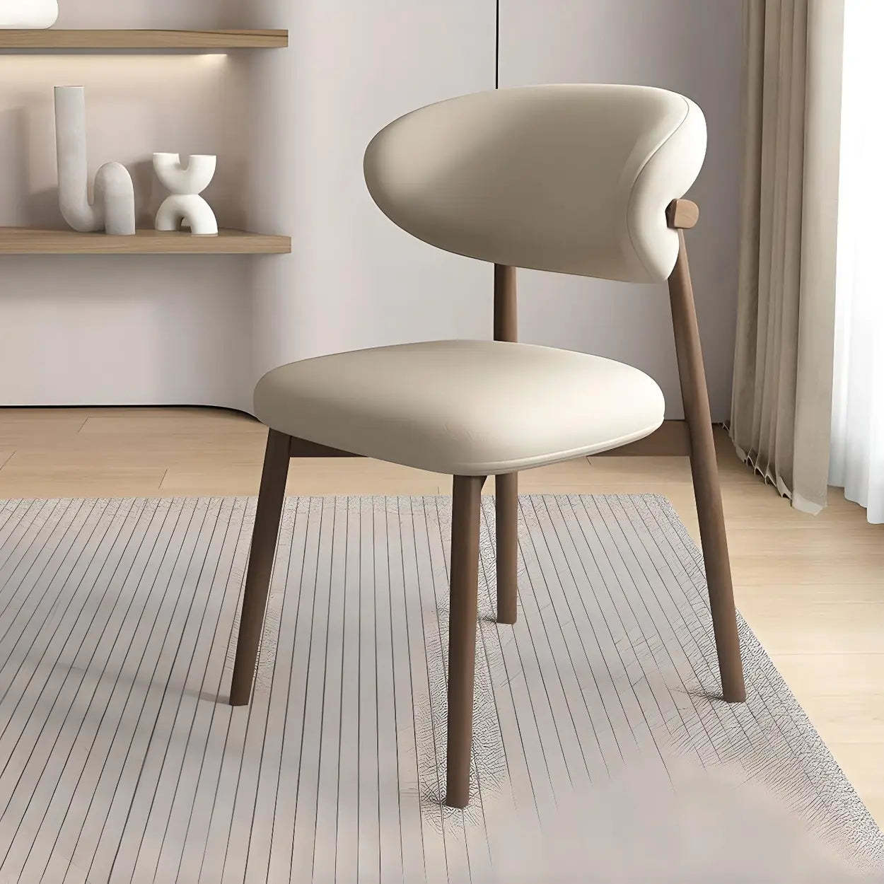 Modern curved-back faux dining chairs & benches in leather — Walnut / Dark Khaki