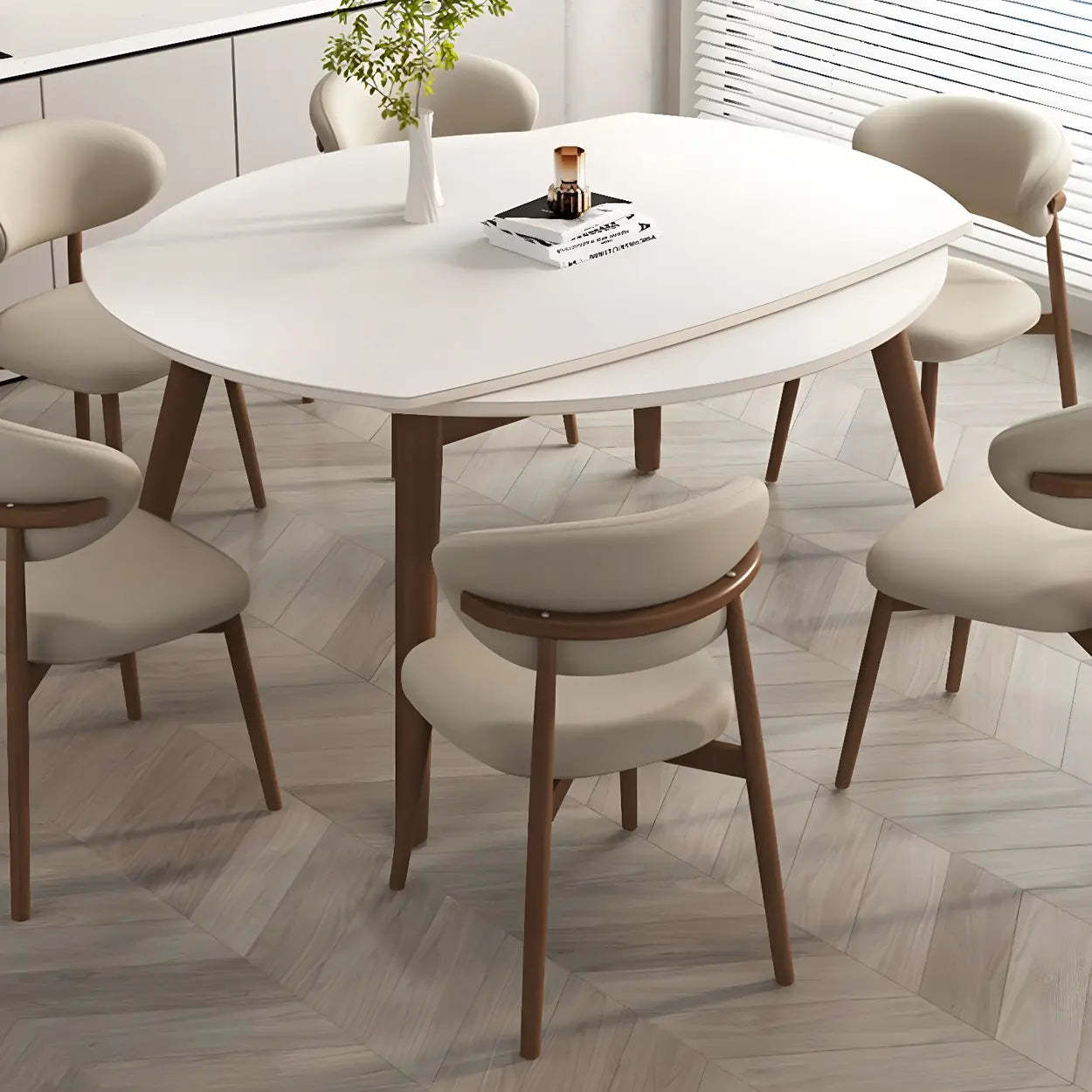 Modern faux curved-back dining chairs & benches in leather — Walnut / Dark Gray