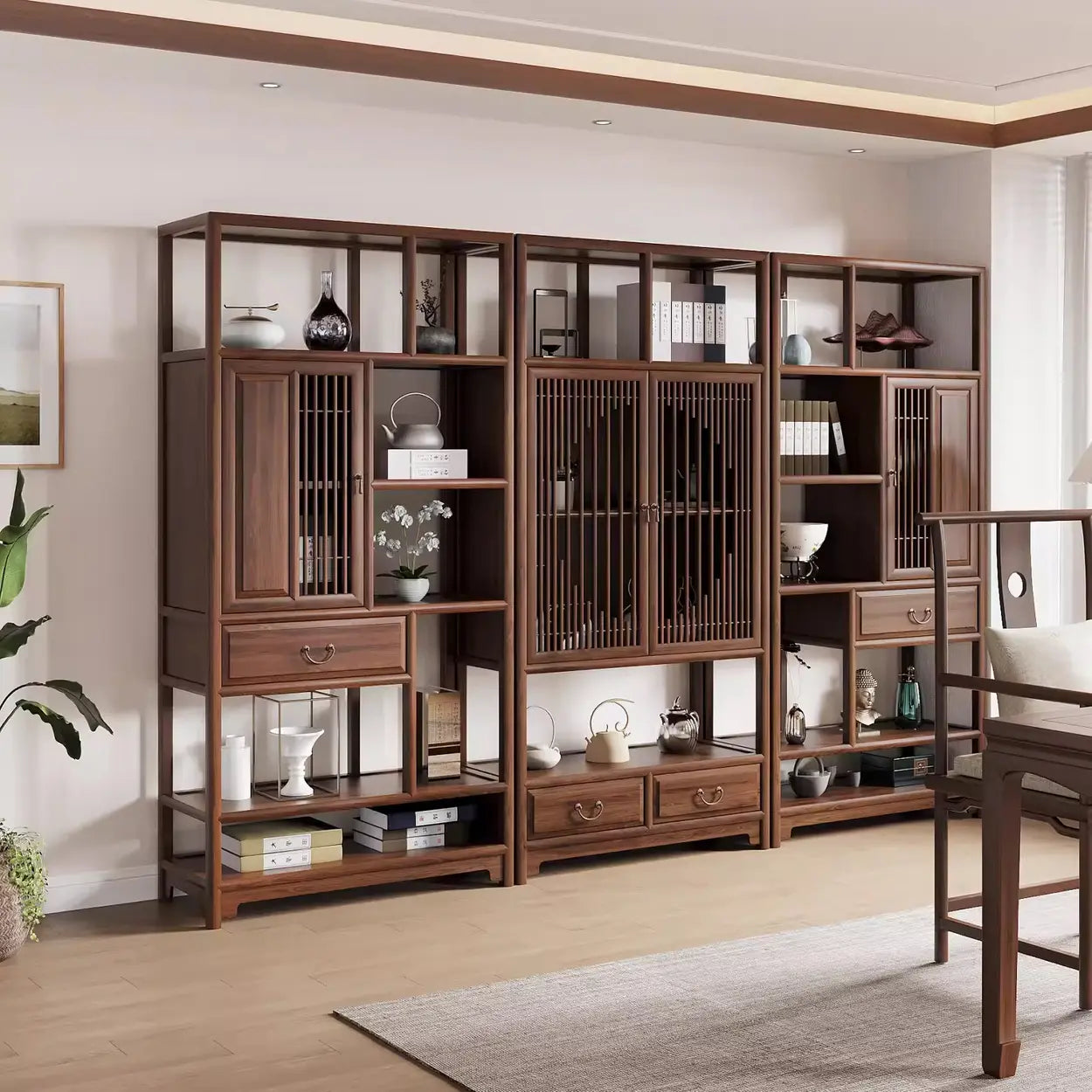Retro Freestanding Brown Wood Large Display Cabinet — Light Not Included