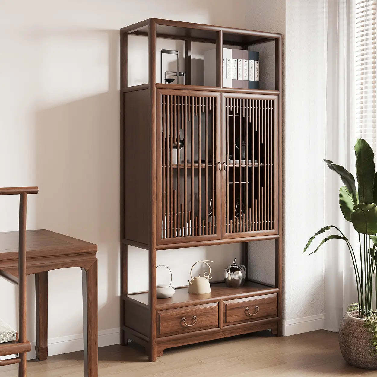 Retro Freestanding Brown Wood Large Display Cabinet — Light Included