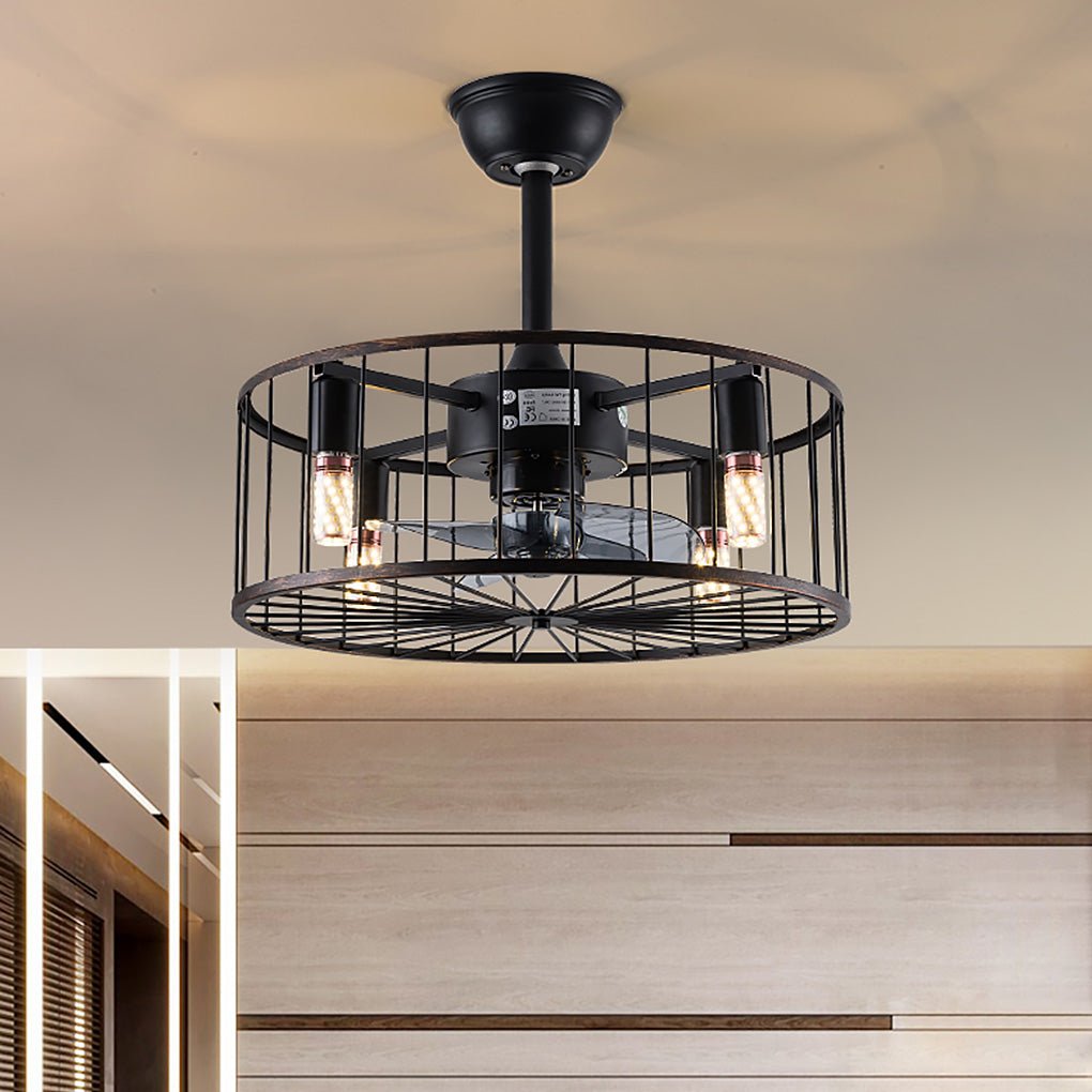 Retro Industrial Timing Three-speed Wind Regulation Mute Cage Bladeless Ceiling Fan Lamp-Lighom