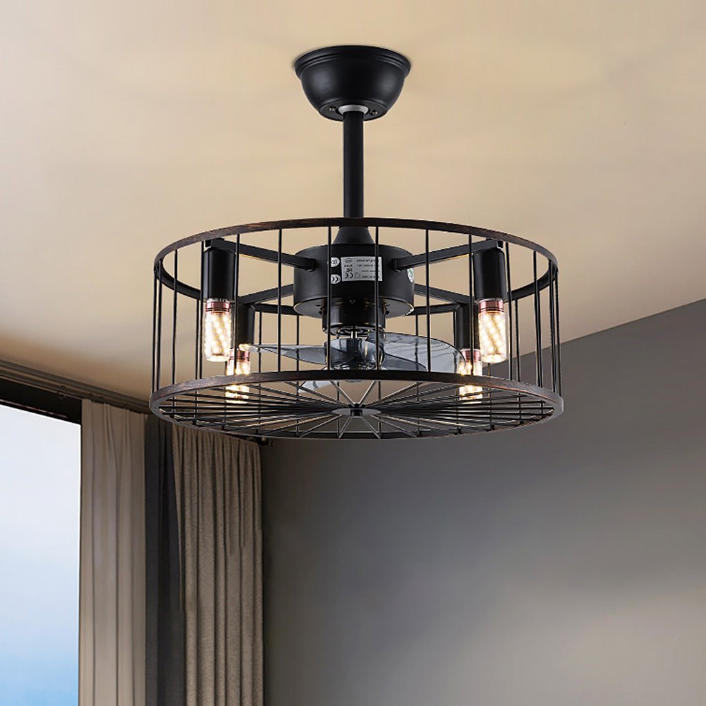 Retro Industrial Timing Three-speed Wind Regulation Mute Cage Bladeless Ceiling Fan Lamp-Lighom