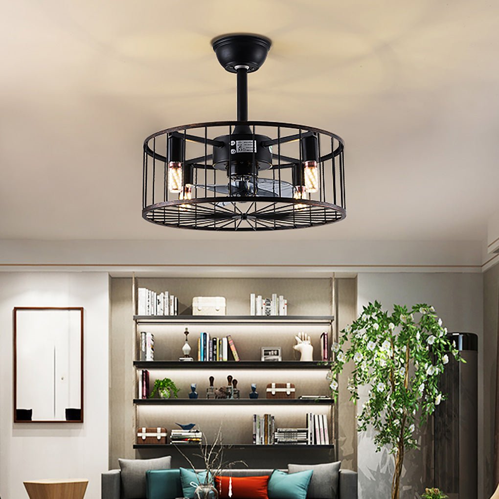 Retro Industrial Timing Three-speed Wind Regulation Mute Cage Bladeless Ceiling Fan Lamp-Lighom