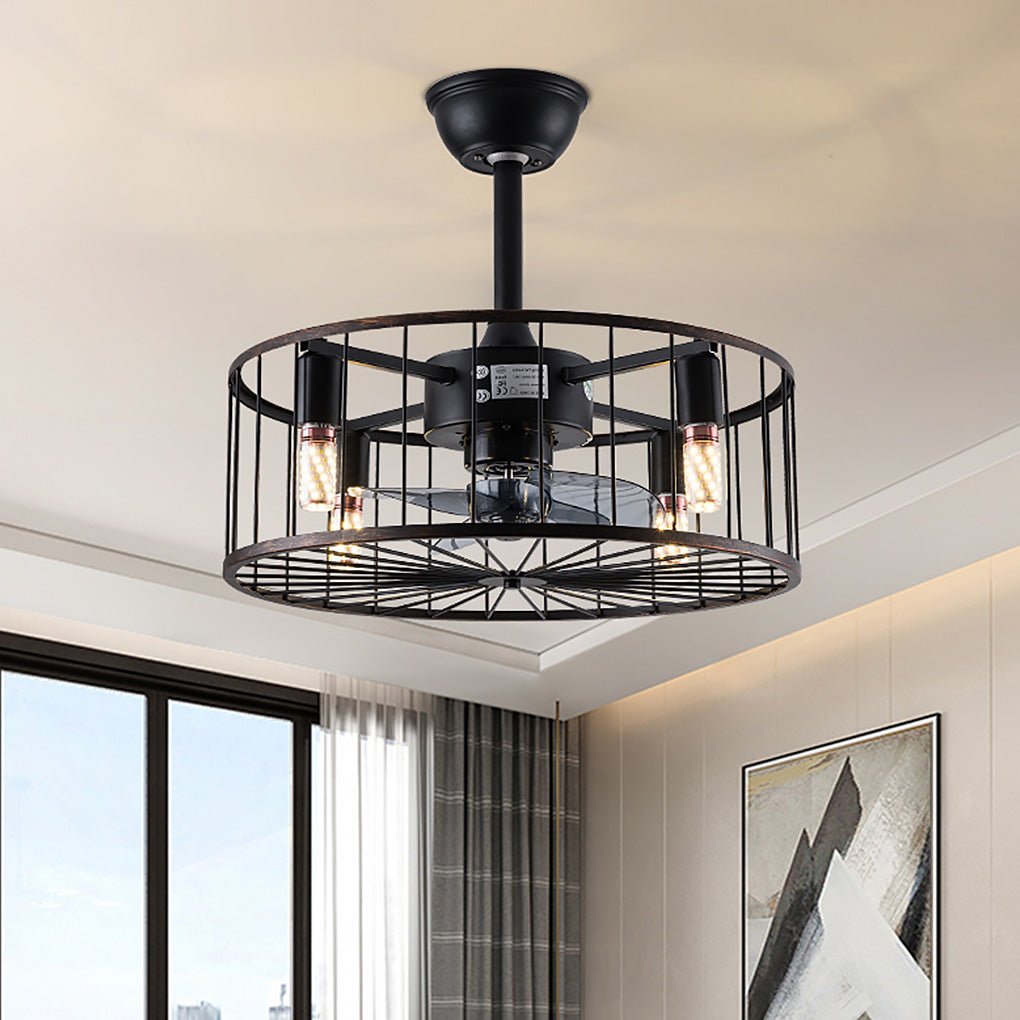 Retro Industrial Timing Three-speed Wind Regulation Mute Cage Bladeless Ceiling Fan Lamp-Lighom
