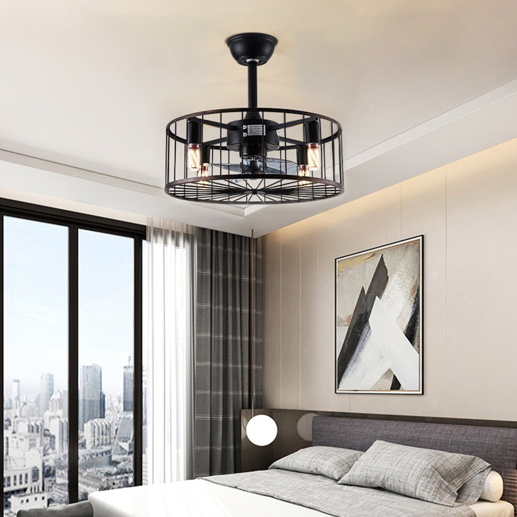 Retro Industrial Timing Three-speed Wind Regulation Mute Cage Bladeless Ceiling Fan Lamp-Lighom