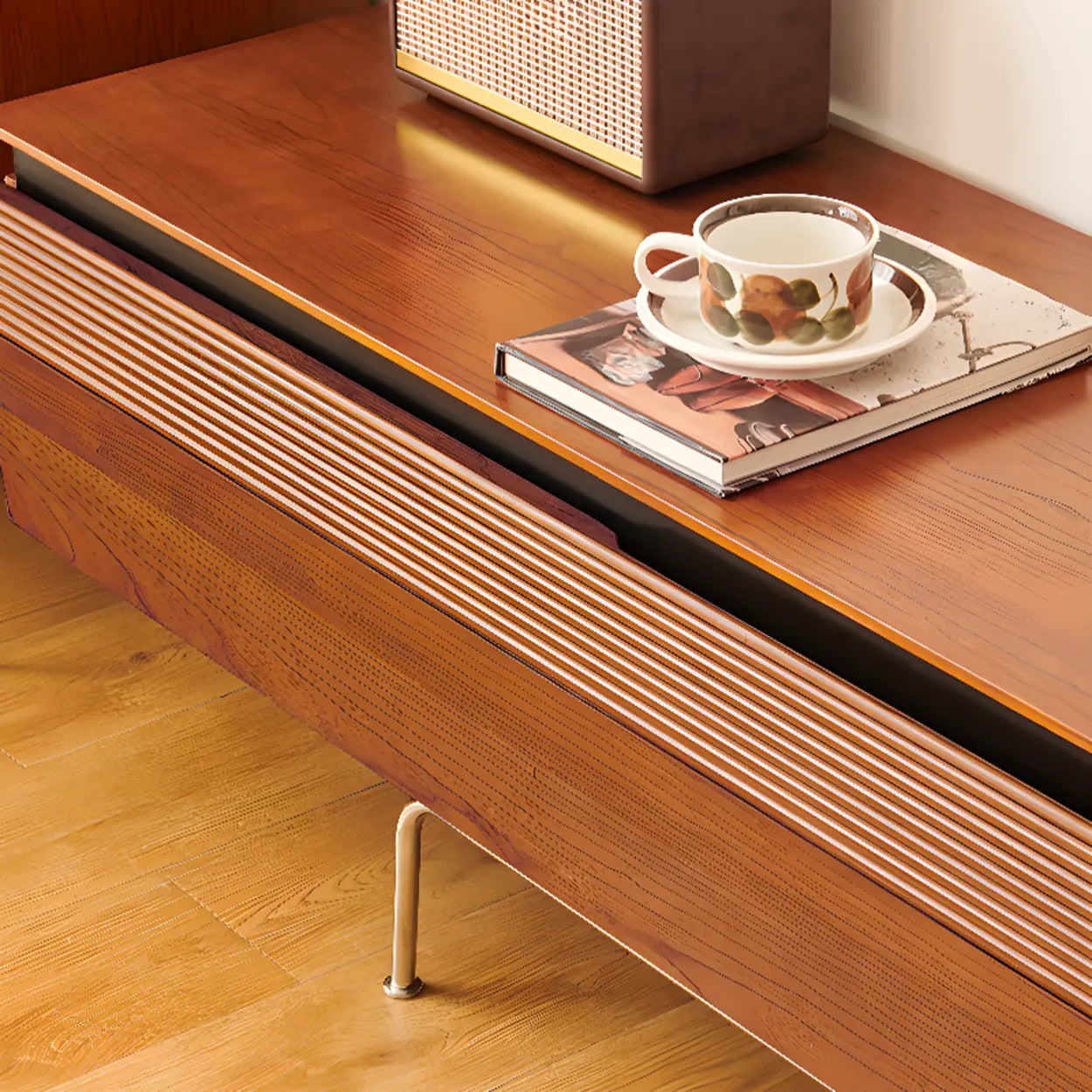 Retro Brown Rectangular Cherry Wood Living Room TV Stand