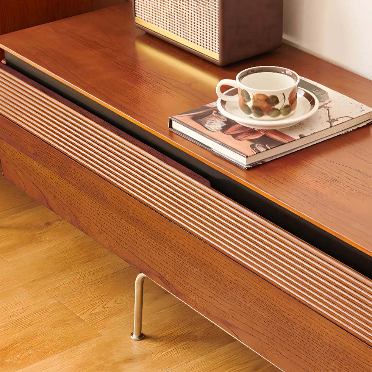 Retro Brown Rectangular Cherry Wood Living Room TV Stand