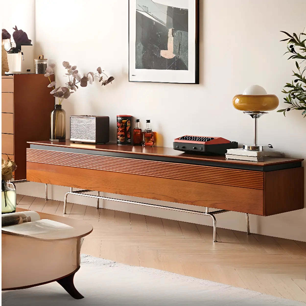 Retro Brown Rectangular Cherry Wood Living Room TV Stand