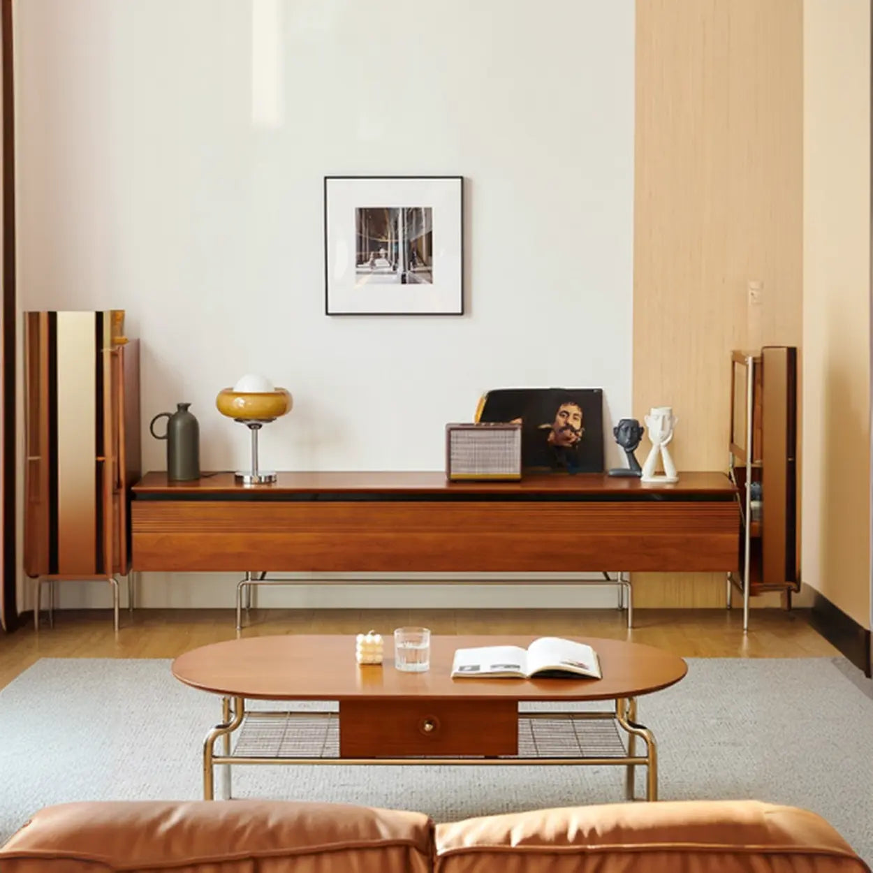 Retro Brown Rectangular Cherry Wood Living Room TV Stand