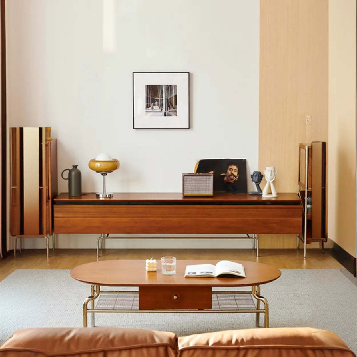 Retro Brown Rectangular Cherry Wood Living Room TV Stand