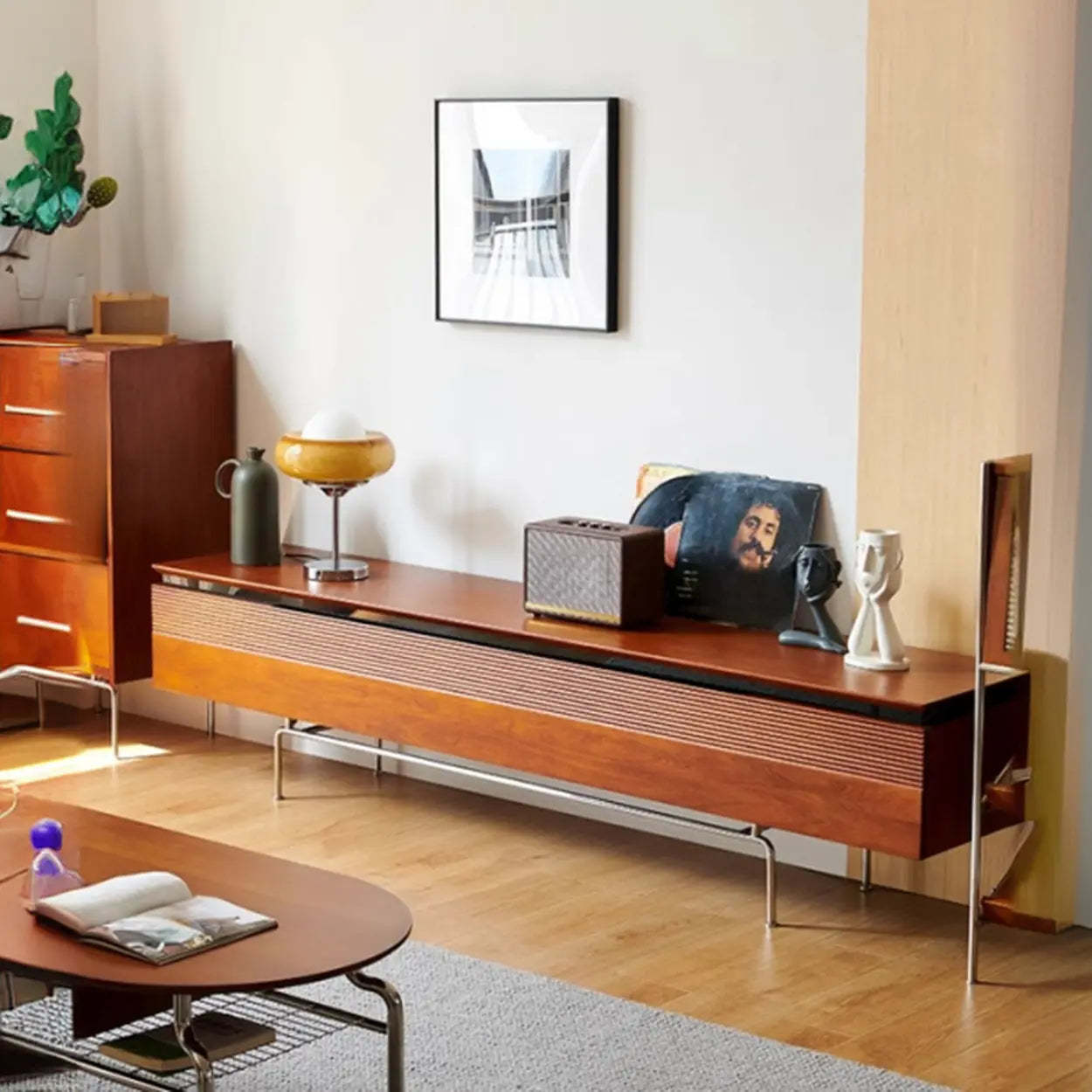 Retro Brown Rectangular Cherry Wood Living Room TV Stand