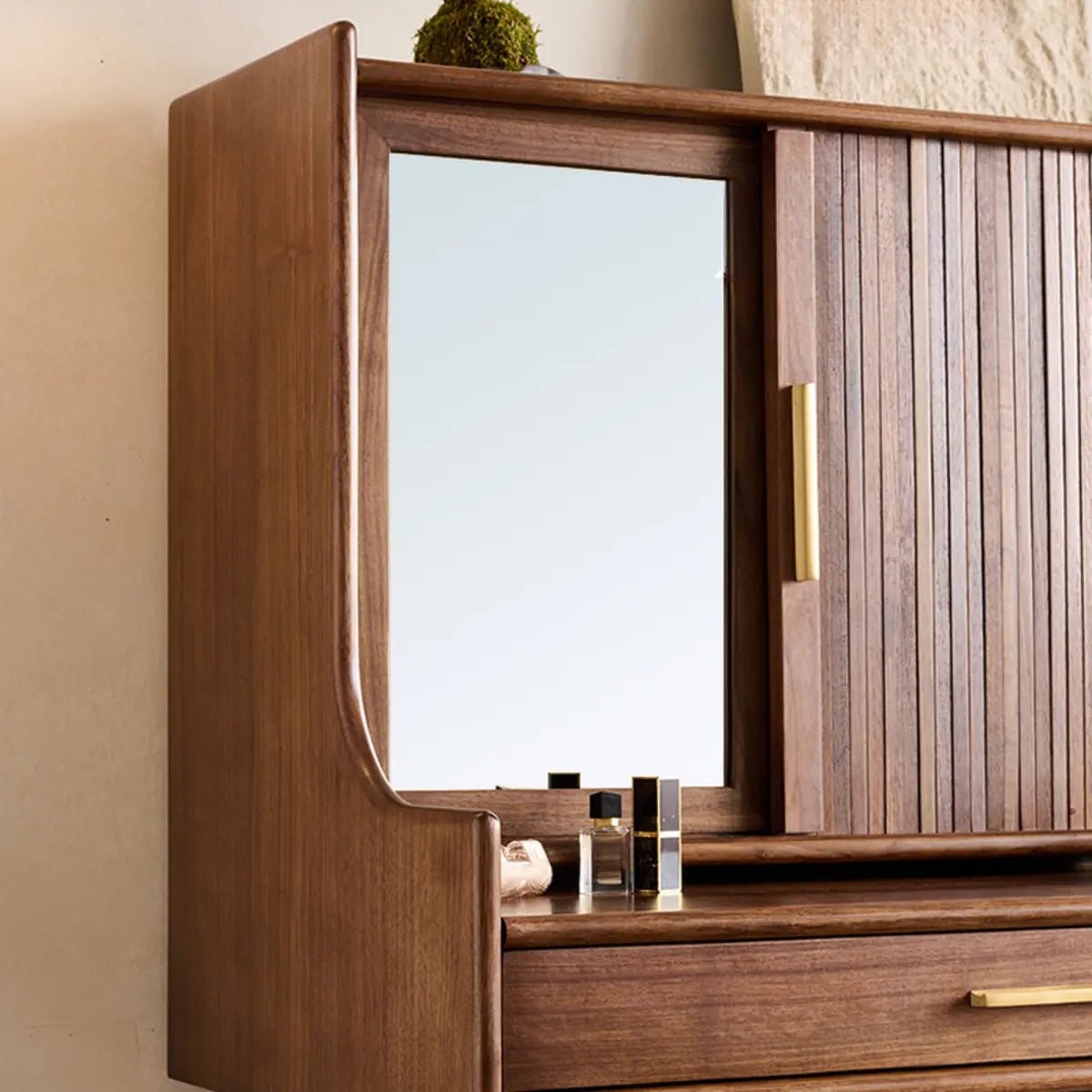 Retro Brown Wood Sliding Makeup Vanity