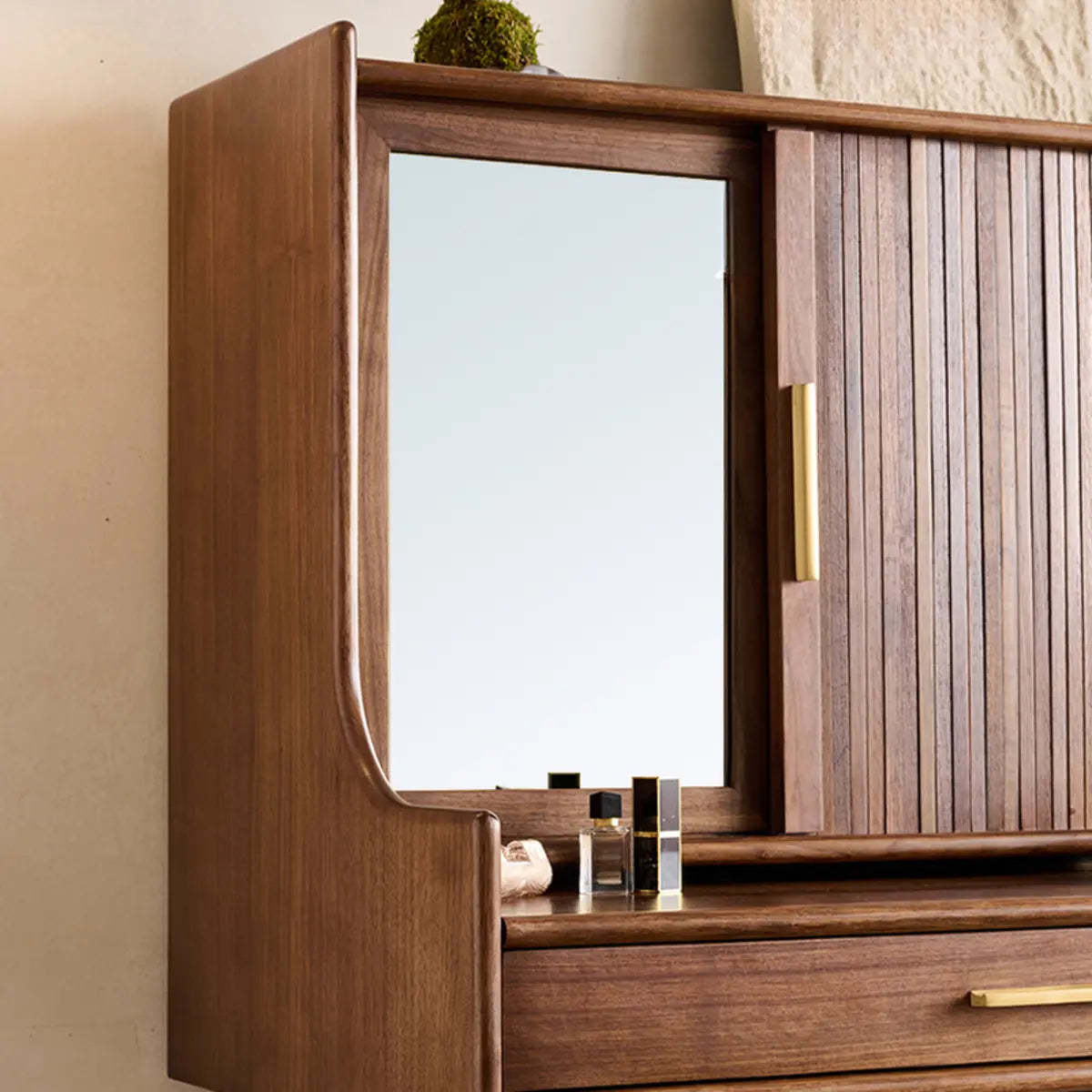 Retro Brown Wood Sliding Makeup Vanity