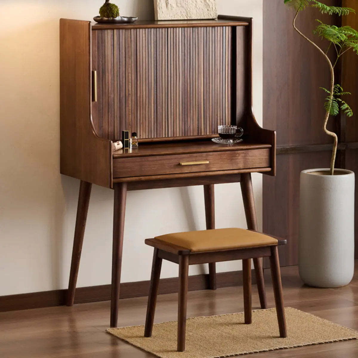 Retro Brown Wood Sliding Makeup Vanity