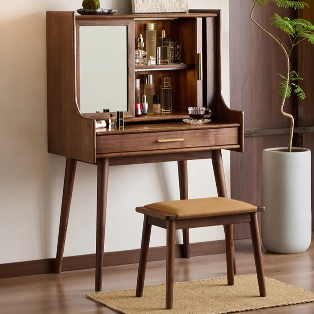 Retro Brown Wood Sliding Makeup Vanity