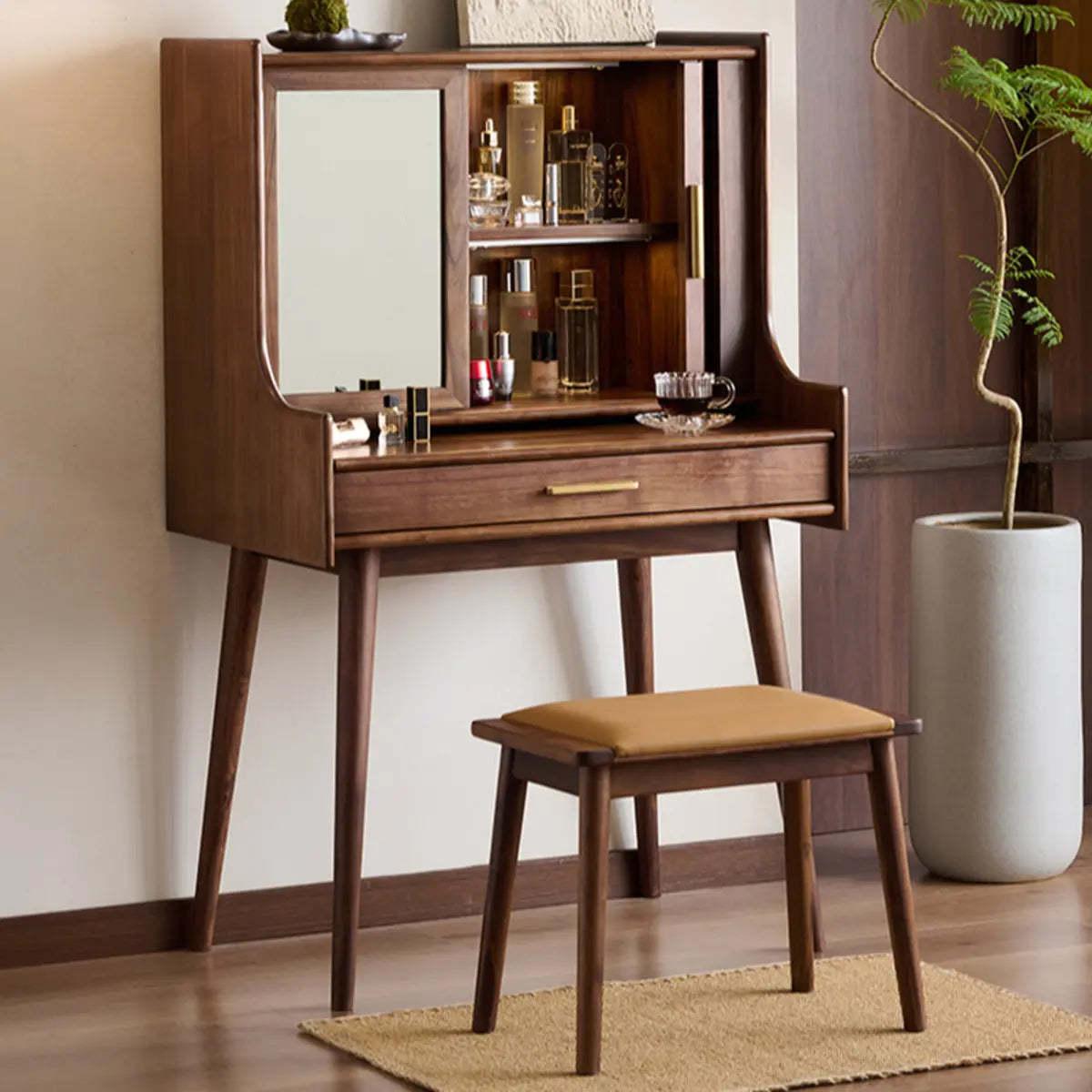 Retro Brown Wood Sliding Makeup Vanity
