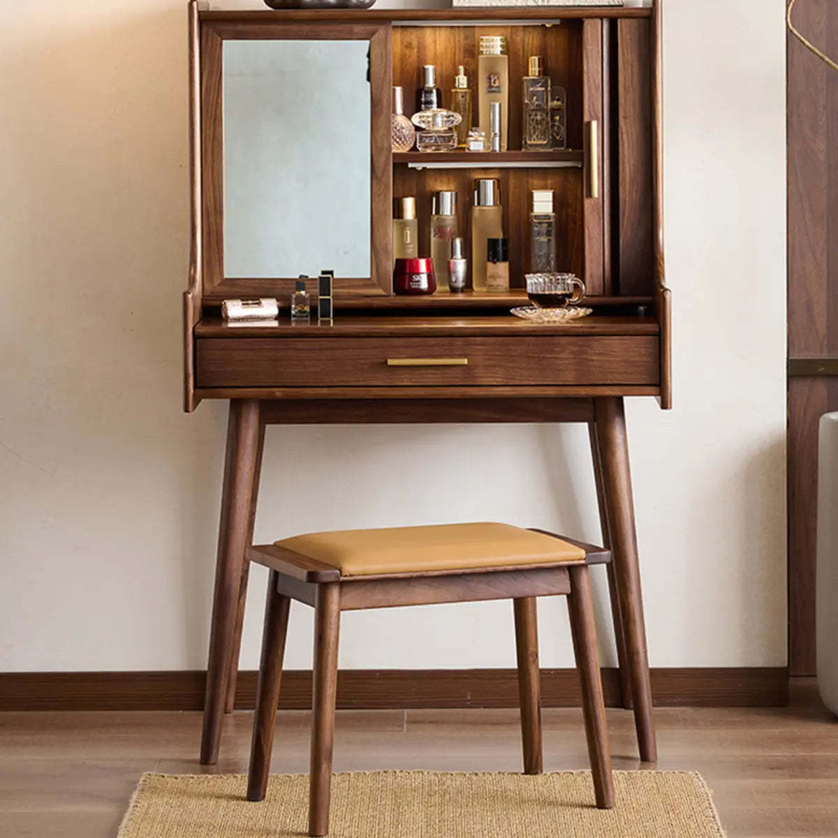 Retro Brown Wood Sliding Makeup Vanity