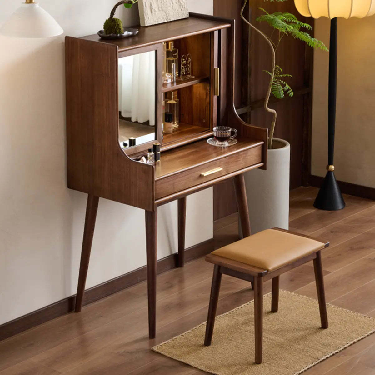 Retro Brown Wood Sliding Makeup Vanity