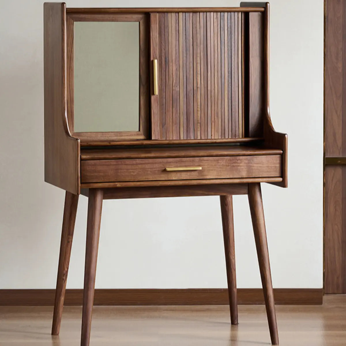 Retro Brown Wood Sliding Makeup Vanity