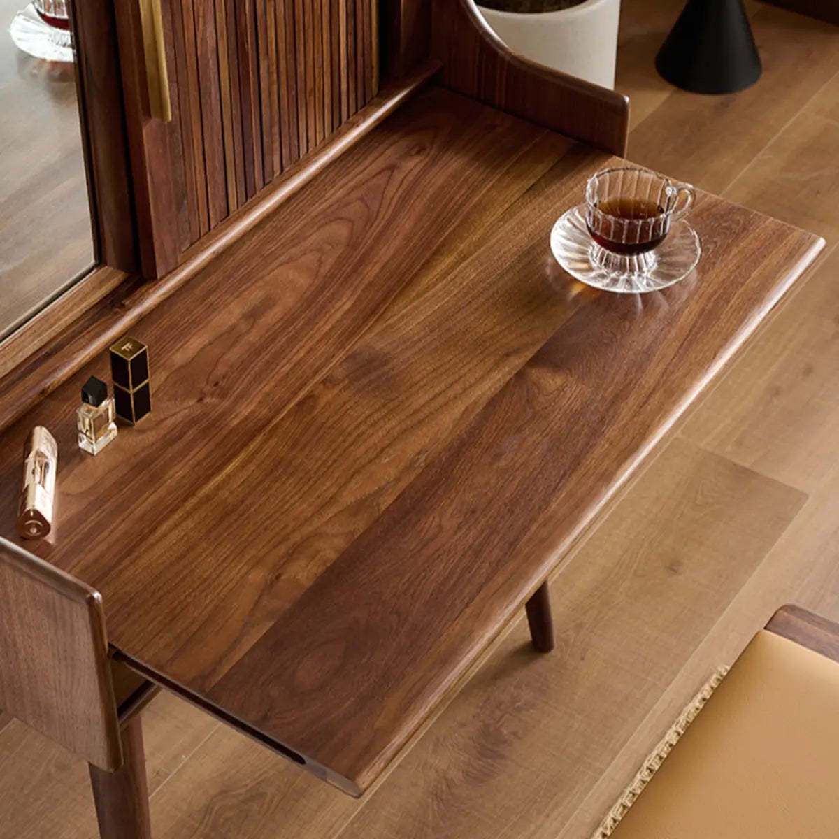 Retro Brown Wood Sliding Makeup Vanity