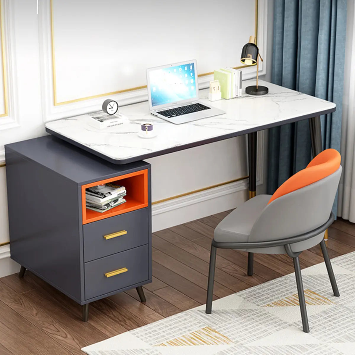Reversible Ergonomic Off-White Computer Desk with Drawers — Without Chairs